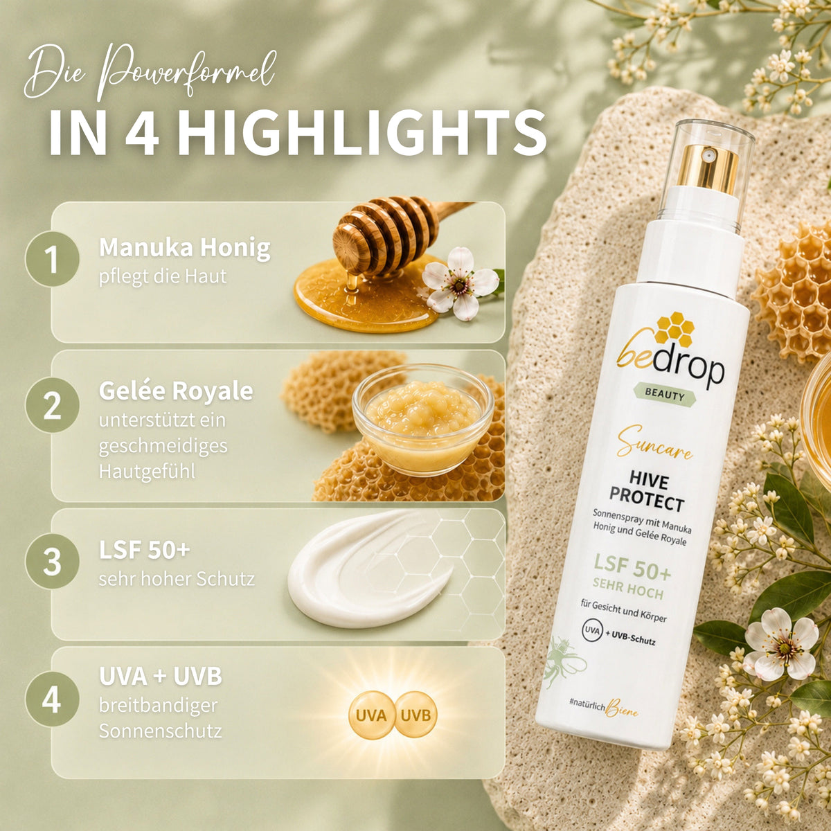 HIVE PROTECT LSF 50+ Sonnenspray mit Manuka Honig und Gelée Royale, Sonnenschutz für Gesicht & Körper - 200 ml