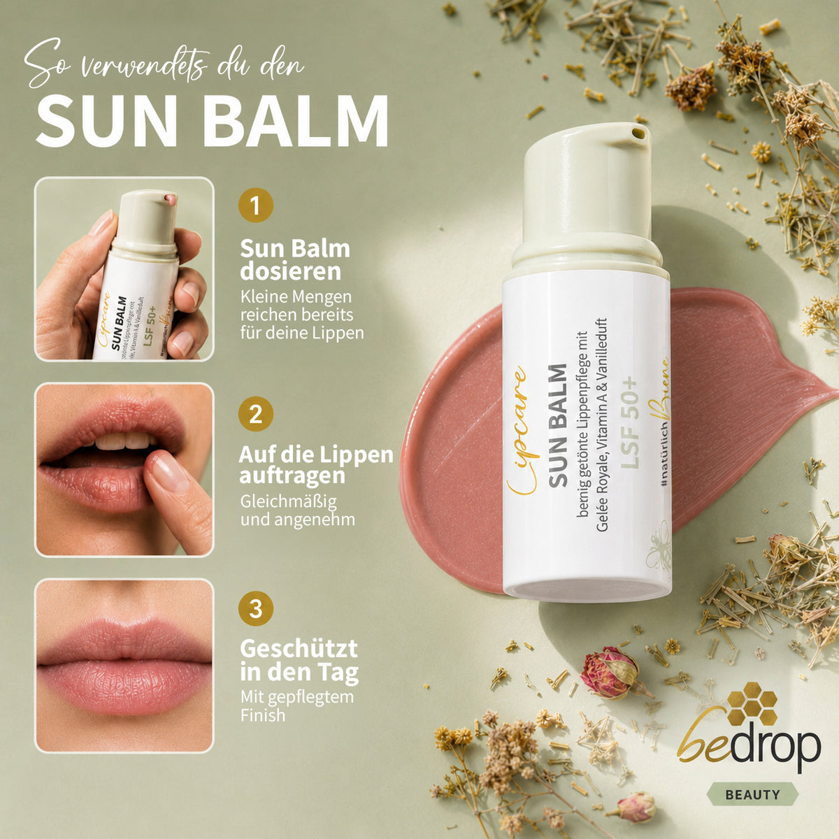SUN BALM LSF 50+ - getönter Lippenpflegebalsam mit Gelée Royale & zartem Vanilleduft