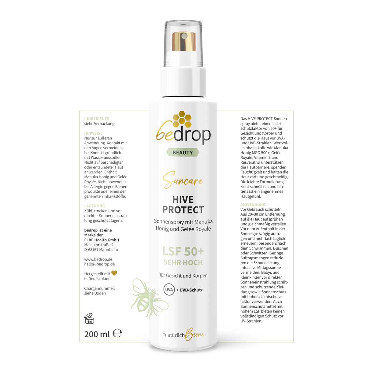 HIVE PROTECT LSF 50+ Sonnenspray mit Manuka Honig und Gelée Royale, Sonnenschutz für Gesicht & Körper - 200 ml