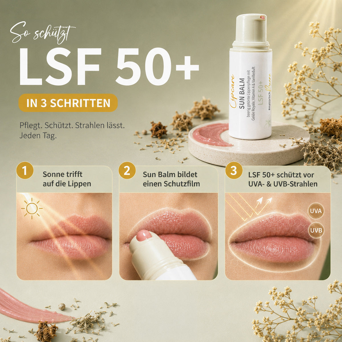 SUN BALM LSF 50+ - getönter Lippenpflegebalsam mit Gelée Royale & zartem Vanilleduft